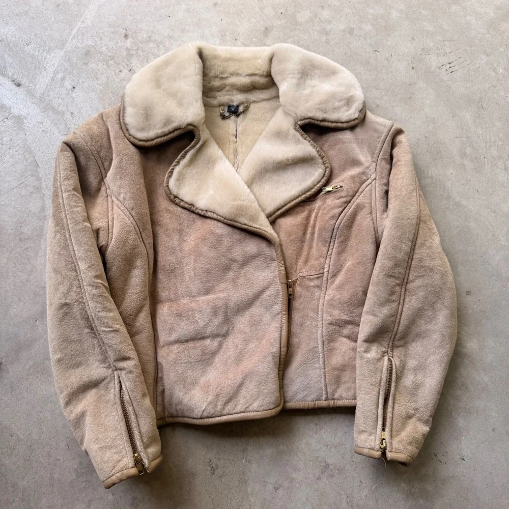Vintage Tan Faux Suede Shearling Aviator Jacket M Cream Fur Collar Zip Up Coat - Picture 1 of 7
